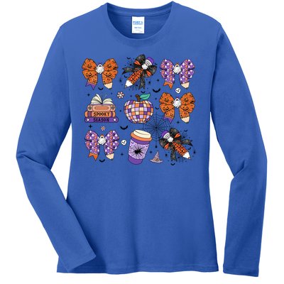 Coquette Pencil Bows Book Coffee Spooky Teacher Halloween Gift Ladies Long Sleeve Shirt