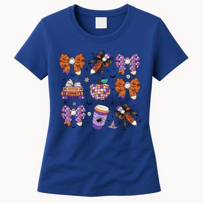 Coquette Pencil Bows Book Coffee Spooky Teacher Halloween Gift Women's T-Shirt