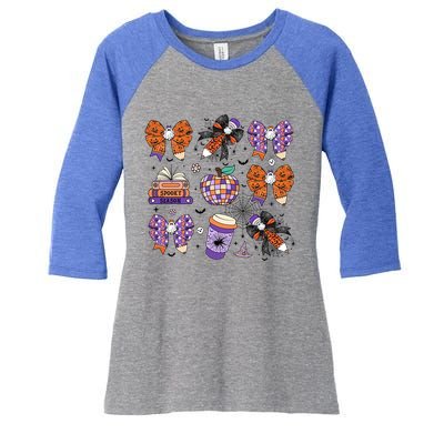 Coquette Pencil Bows Book Coffee Spooky Teacher Halloween Gift Women's Tri-Blend 3/4-Sleeve Raglan Shirt