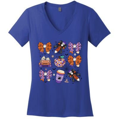 Coquette Pencil Bows Book Coffee Spooky Teacher Halloween Gift Women's V-Neck T-Shirt