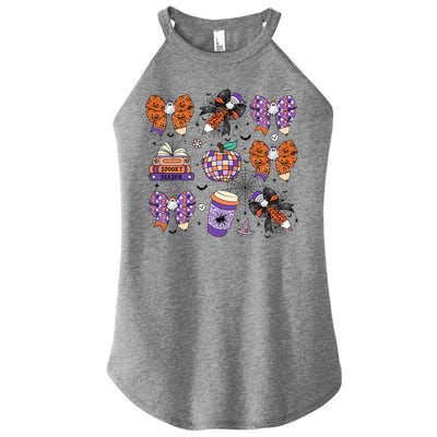 Coquette Pencil Bows Book Coffee Spooky Teacher Halloween Gift Women's Perfect Tri Rocker Tank