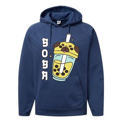 Cute Pug Boba Tea Kawaii Anime Japanese Funny Dog Lover Gift Performance Fleece Hoodie