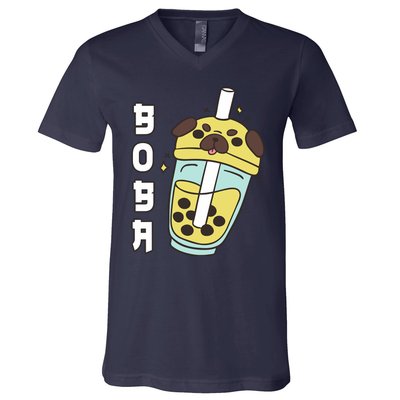 Cute Pug Boba Tea Kawaii Anime Japanese Funny Dog Lover Gift V-Neck T-Shirt