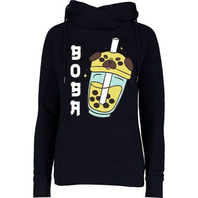 Cute Pug Boba Tea Kawaii Anime Japanese Funny Dog Lover Gift Womens Funnel Neck Pullover Hood