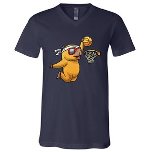 Capybara Playing Basketball Sports Rodent V-Neck T-Shirt