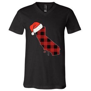 California Plaid Christmas Santa Hat Holiday Matching Design V-Neck T-Shirt