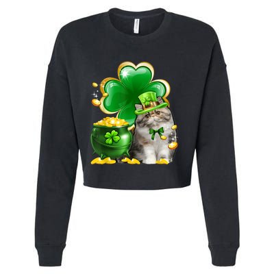 Cute Persian Cat Shamrock Irish Saint St Patrick Day Cropped Pullover Crew