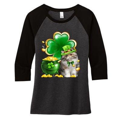 Cute Persian Cat Shamrock Irish Saint St Patrick Day Women's Tri-Blend 3/4-Sleeve Raglan Shirt