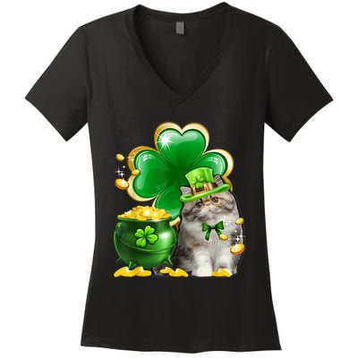 Cute Persian Cat Shamrock Irish Saint St Patrick Day Women's V-Neck T-Shirt