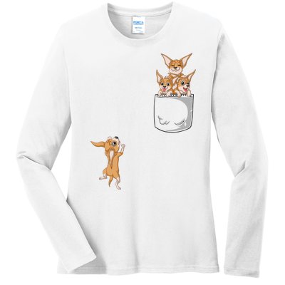 Chihuahua Pocket Ladies Long Sleeve Shirt