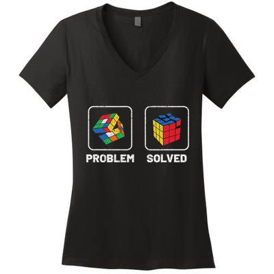 Competitive Puzzle Cube Problem Solved Speed Cubing Women's V-Neck T-Shirt