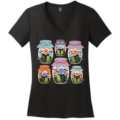 Canned Pickle Coquette Wildflower Canning Season Pickle Jar Women's V-Neck T-Shirt