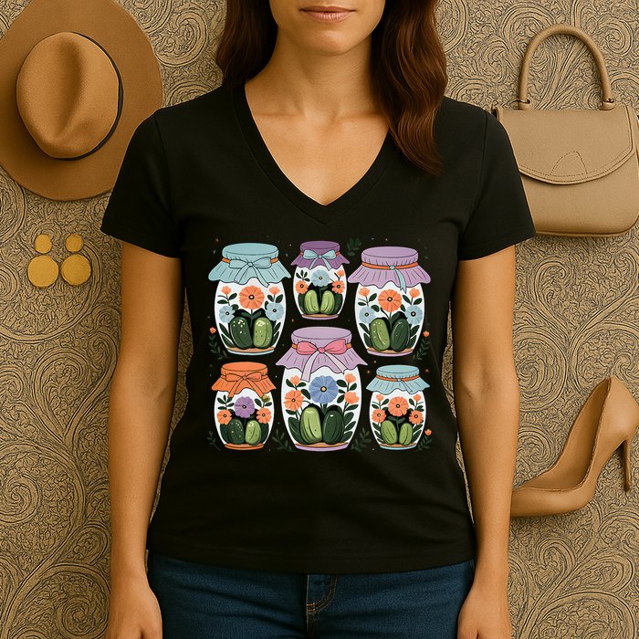Canned Pickle Coquette Wildflower Canning Season Pickle Jar Women's V-Neck T-Shirt