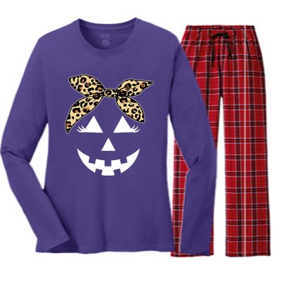 Cheetah Pumpkin Cute Halloween Women's Long Sleeve Flannel Pajama Set 