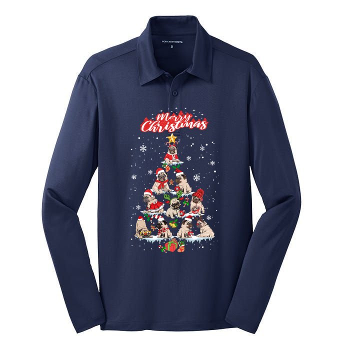 Cute Pugs Christmas Tree With Lover Silk Touch Performance Long Sleeve Polo