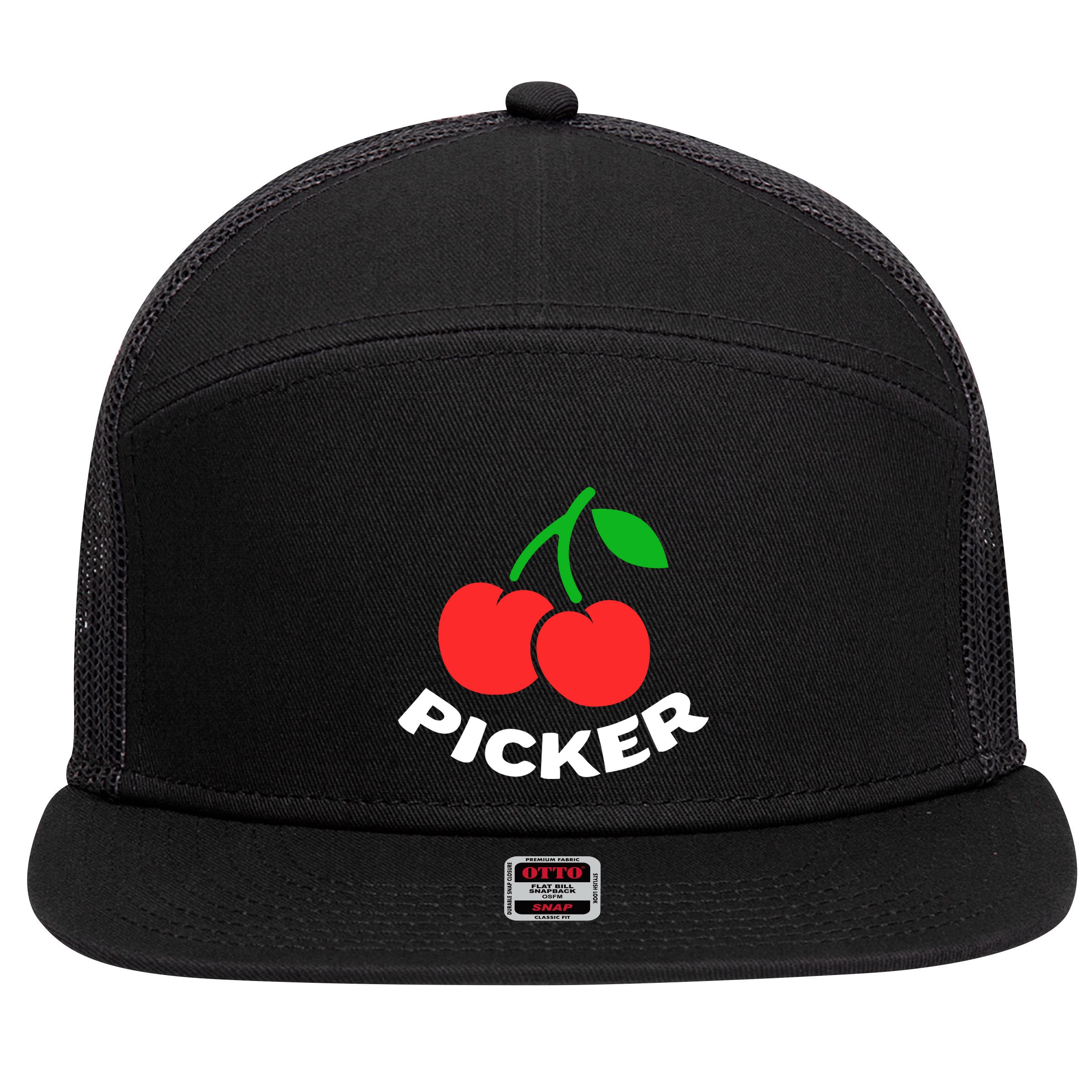 Cherry Picker Cherries Fruit Picking 7 Panel Mesh Trucker Snapback Hat