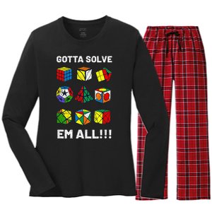 Competitive Puzzle Cube Gotta Solve Em All Speed Cubing Women's Long Sleeve Flannel Pajama Set 