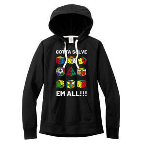 Competitive Puzzle Cube Gotta Solve Em All Speed Cubing Women's Fleece Hoodie