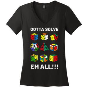 Competitive Puzzle Cube Gotta Solve Em All Speed Cubing Women's V-Neck T-Shirt