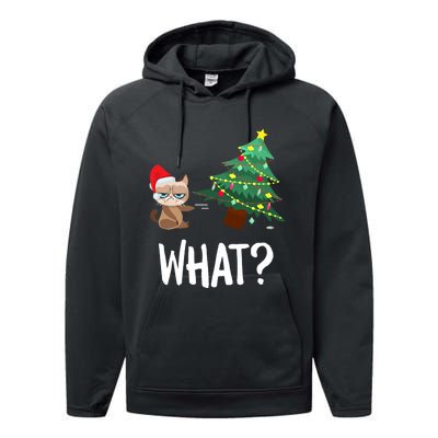 Cat Pushing Christmas Tree Over Funny What Cat Christmas Performance Fleece Hoodie