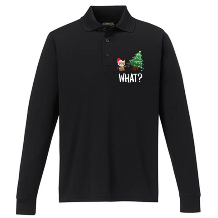 Cat Pushing Christmas Tree Over Funny What Cat Christmas Performance Long Sleeve Polo