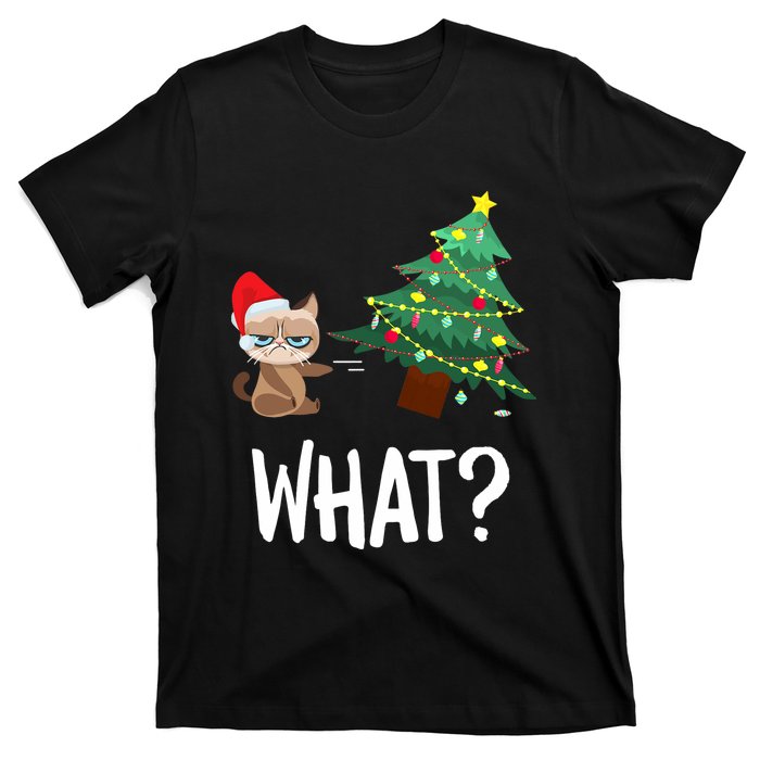 Cat Pushing Christmas Tree Over Funny What Cat Christmas T-Shirt