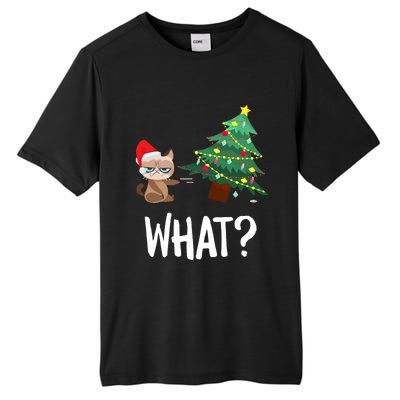 Cat Pushing Christmas Tree Over Funny What Cat Christmas Tall Fusion ChromaSoft Performance T-Shirt