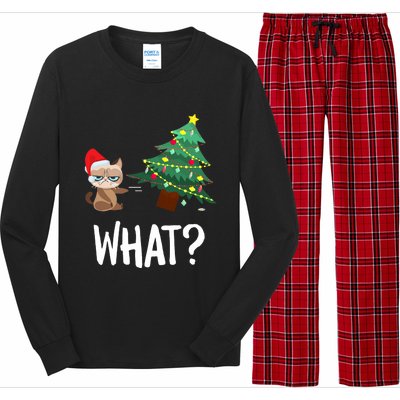 Cat Pushing Christmas Tree Over Funny What Cat Christmas Long Sleeve Pajama Set