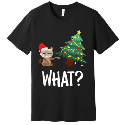 Cat Pushing Christmas Tree Over Funny What Cat Christmas Premium T-Shirt