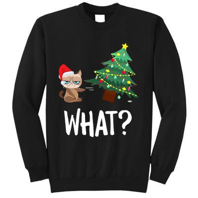 Cat Pushing Christmas Tree Over Funny What Cat Christmas Tall Sweatshirt