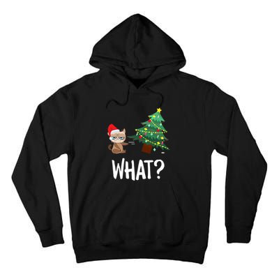 Cat Pushing Christmas Tree Over Funny What Cat Christmas Tall Hoodie