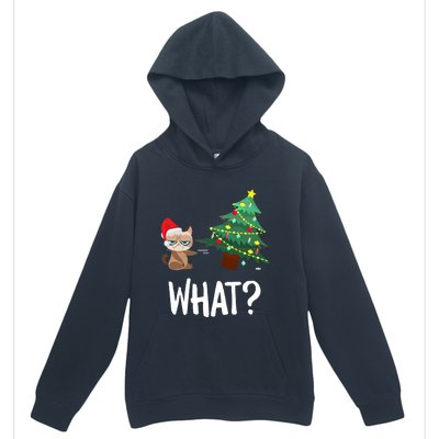 Cat Pushing Christmas Tree Over Funny What Cat Christmas Urban Pullover Hoodie