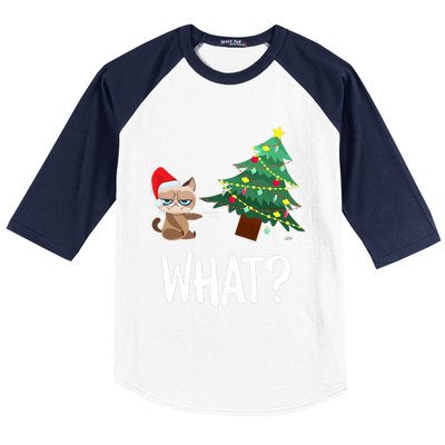 Cat Pushing Christmas Tree Over Funny What Cat Christmas Baseball Sleeve Shirt