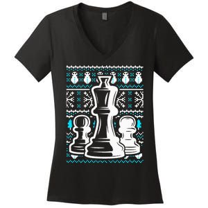 Chess Pieces Christmas Checkmate Tactics Castling Player Women's V-Neck T-Shirt