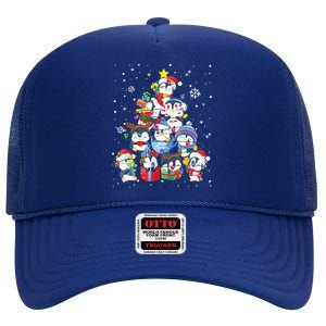 Cute Penguin Christmas Tree Gift Decor Xmas Tree High Crown Mesh Back Trucker Hat