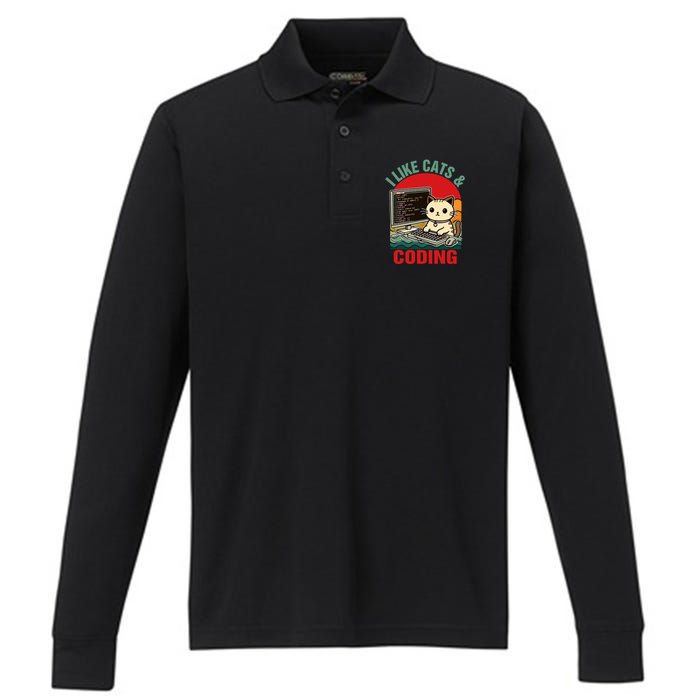 Coder Programmer Cat Lover Cat Dad I Like Cats & Coding Performance Long Sleeve Polo