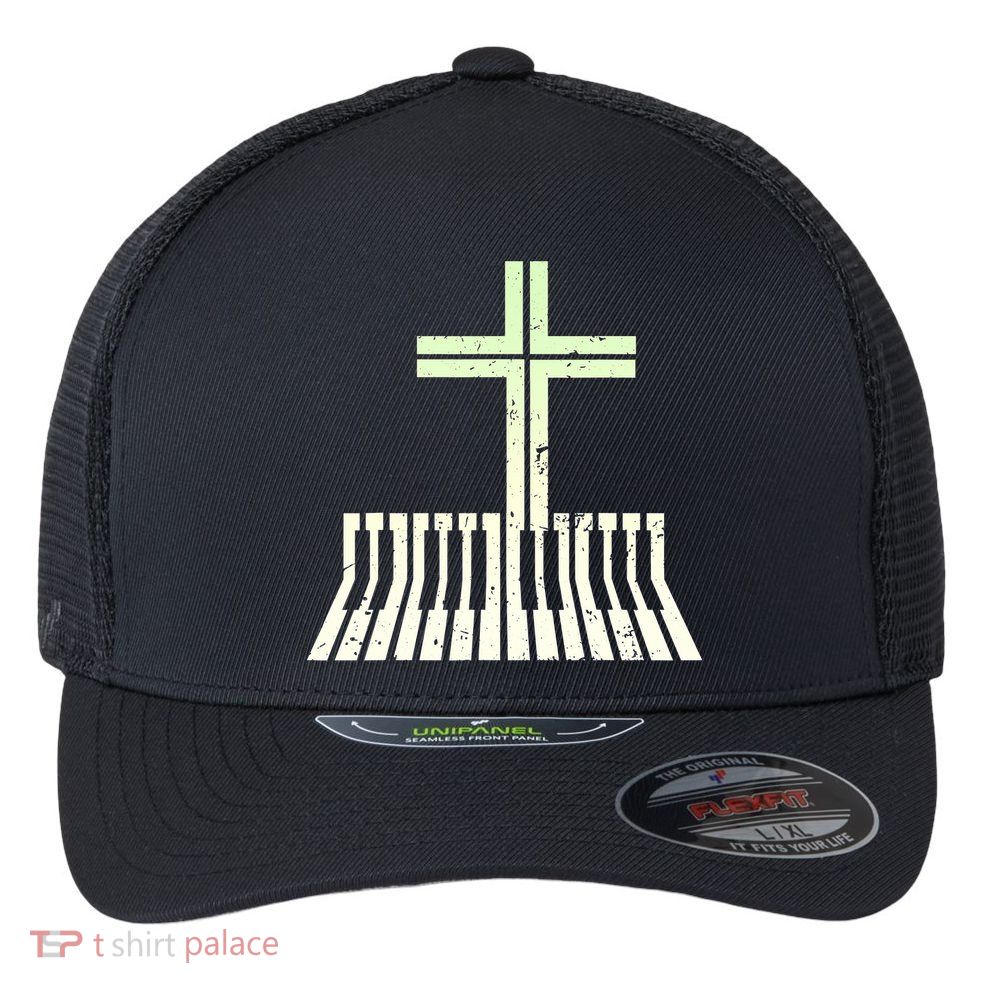 Christian Piano Cross Keyboard Pianist Flexfit Unipanel Trucker Cap