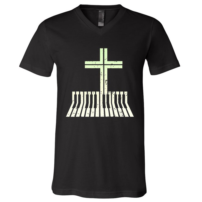 Christian Piano Cross Keyboard Pianist V-Neck T-Shirt