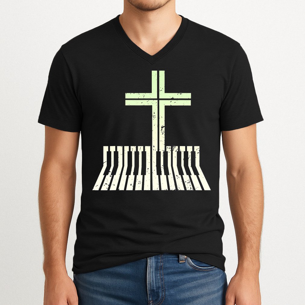Christian Piano Cross Keyboard Pianist V-Neck T-Shirt