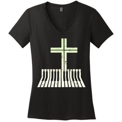 Christian Piano Cross Keyboard Pianist Women's V-Neck T-Shirt