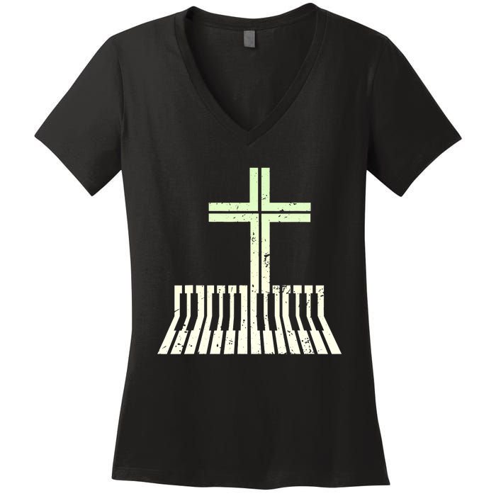 Christian Piano Cross Keyboard Pianist Women's V-Neck T-Shirt