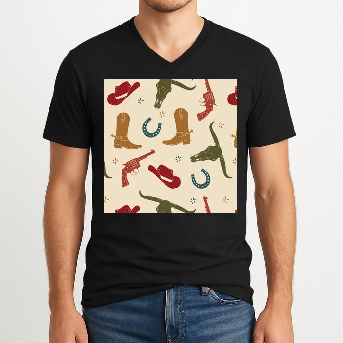 Cowboy Pattern V-Neck T-Shirt