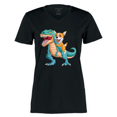 Corgi Puppy Corgi T Rex Dinosaur For Pet Lovers Women's Momentum V-Neck T-Shirt