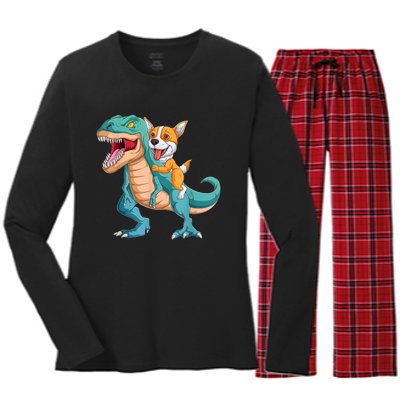 Corgi Puppy Corgi T Rex Dinosaur For Pet Lovers Women's Long Sleeve Flannel Pajama Set 