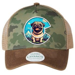 Colorado Pug - Cute Cartoon Pug Dog in the Mountains, C Logo Legacy Tie Dye Trucker Hat