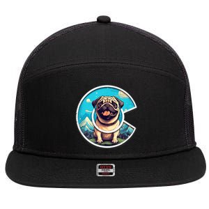 Colorado Pug - Cute Cartoon Pug Dog in the Mountains, C Logo 7 Panel Mesh Trucker Snapback Hat