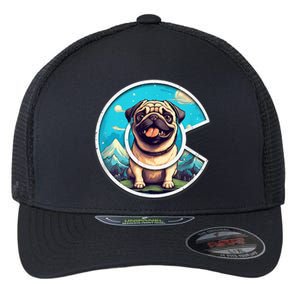 Colorado Pug - Cute Cartoon Pug Dog in the Mountains, C Logo Flexfit Unipanel Trucker Cap