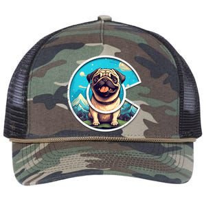 Colorado Pug - Cute Cartoon Pug Dog in the Mountains, C Logo Retro Rope Trucker Hat Cap