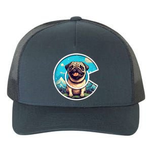 Colorado Pug - Cute Cartoon Pug Dog in the Mountains, C Logo Yupoong Adult 5-Panel Trucker Hat