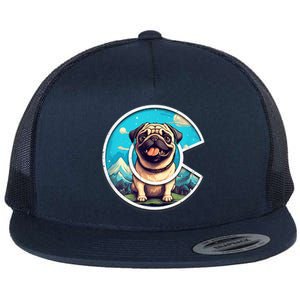 Colorado Pug - Cute Cartoon Pug Dog in the Mountains, C Logo Flat Bill Trucker Hat